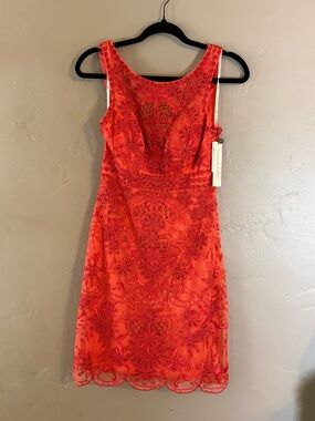 Sue Wong Red Beaded Lace Cocktail Dress